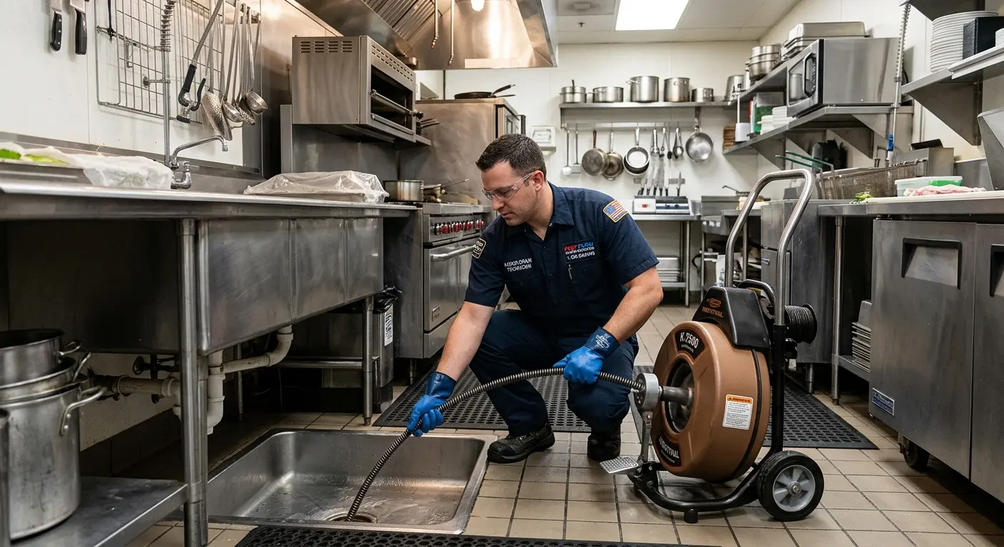 Commercial drain cleaning service in a restaurant kitchen in Gilberts