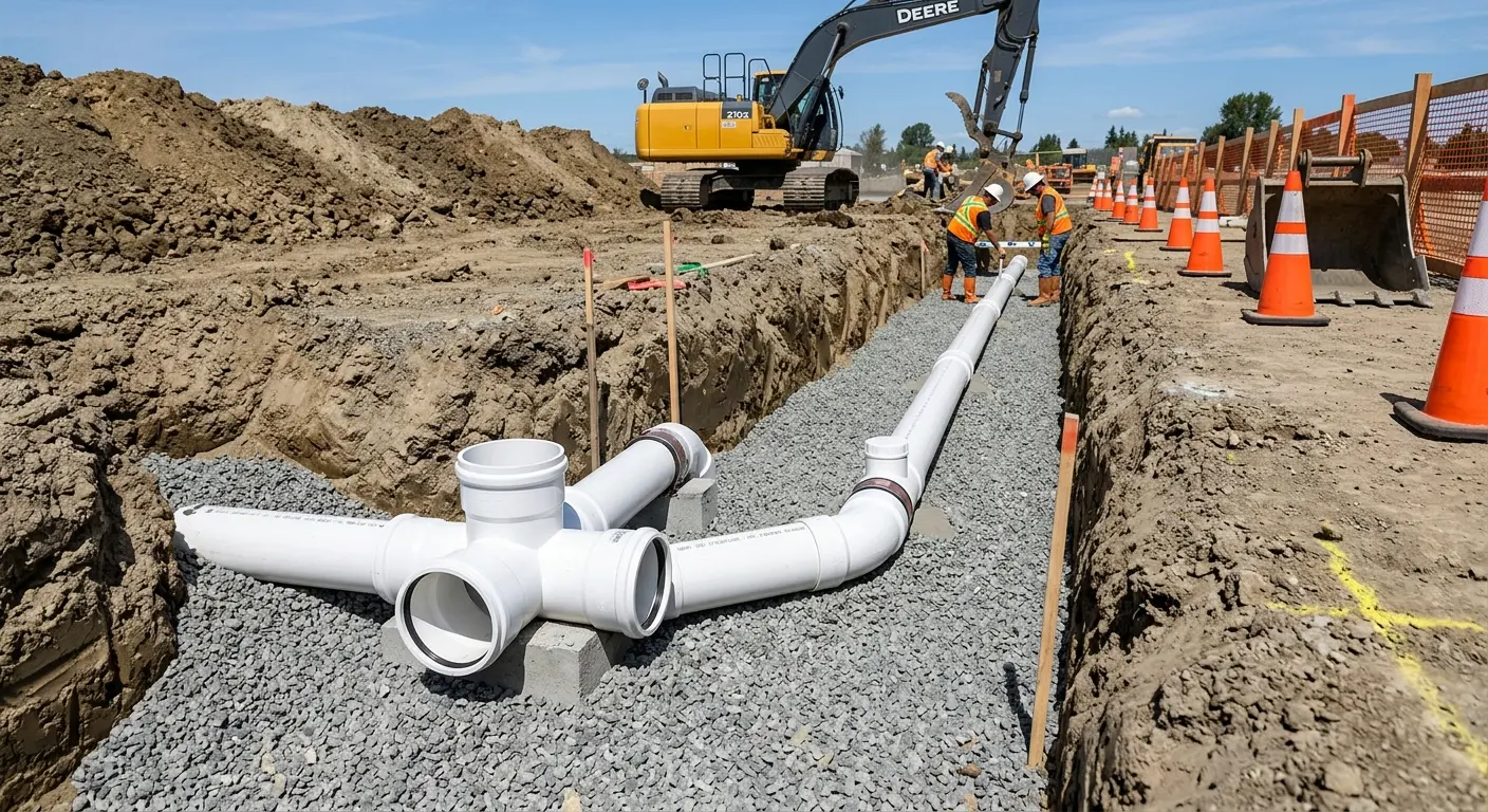 New PVC sewer pipe installation in open trench for Sewer Backup in Gilberts