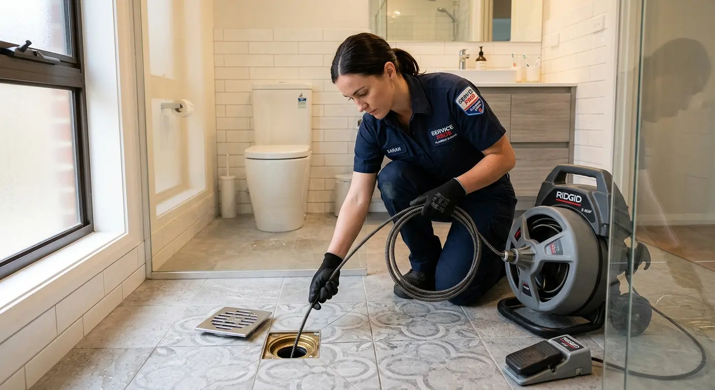 Technician clearing a bathroom floor drain for Drain Cleaning in Gilberts